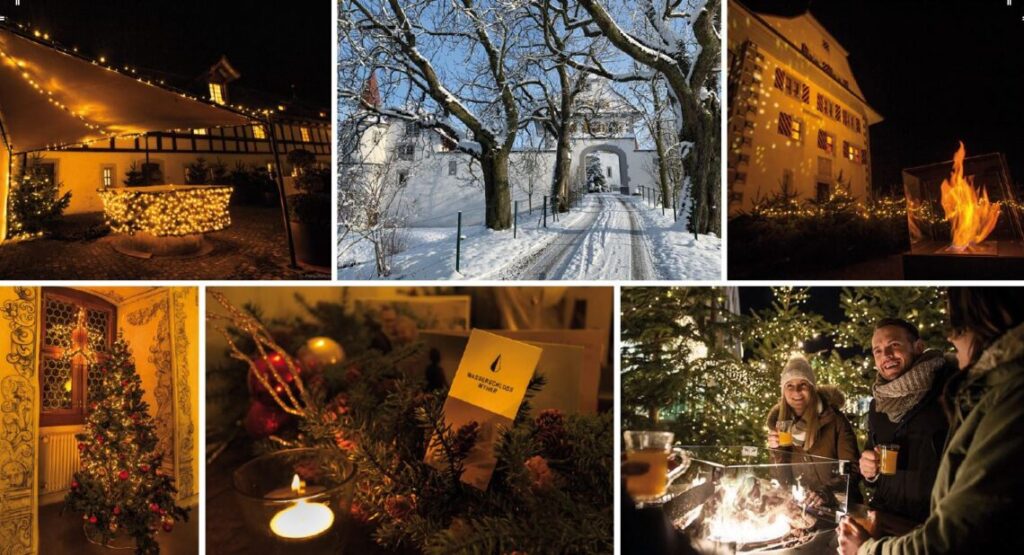 ✨ Stimmungsvolle Eindrücke vom Adventsmarkt im Wylerschloss Wyher ✨

Die Collage zeigt die festliche Atmosphäre rund um das historische Wylerschloss in Ettiswil während des Advents- & Weihnachtsmarkts. In der Mitte des Bildes führt eine verschneite Allee durch alte Bäume direkt auf das Schloss zu – ein winterlicher Anblick wie aus dem Märchen.

Am Abend erstrahlen Schloss und Marktstände in warmem Lichterglanz. Lichterketten, offene Feuerstellen und liebevoll dekorierte Weihnachtsbäume sorgen für eine gemütliche Stimmung. Besucherinnen und Besucher geniessen heissen Punsch im Schein des Feuers und lassen sich vom Zauber des Marktes einfangen.

In den Innenräumen des Schlosses findet man geschmückte Weihnachtsbäume, Kerzenlicht und handgemachte Dekorationen. Nahaufnahmen zeigen kunstvoll arrangierte Kränze mit Kugeln, Naturmaterialien und kleinen Lichtquellen – jedes Detail unterstreicht die liebevolle Handarbeit und die festliche Stimmung.

Dieses Bild vermittelt die Magie des Adventsmarktes im Schloss Wyher: traditionell, stilvoll und voller weihnachtlicher Vorfreude. Bild von ANNa https://blog.luzern.com/das-wasserschloss-wyher-ettiswil-wo-mehr-als-nur-ja-gesagt-wird/