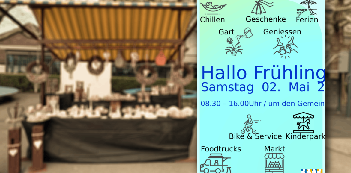 Hero-Bild zum Event Hallo Frühling in Baar 2026 mit Eventplakat vor unscharfem Marktstand von Handmade with Love by Melanie