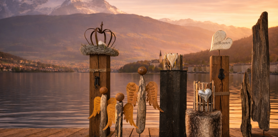 Handgemachte Holzdekoration aus Altholz und Schwemmholz mit Engeln, Herzen und Dekosäulen von Handmade with Love by Melanie vor einer idyllischen Berg- und Seelandschaft in der Schweiz.